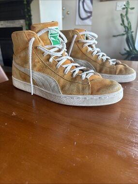 Puma Men's Gold Suede High-Top Sneakers with White Accents